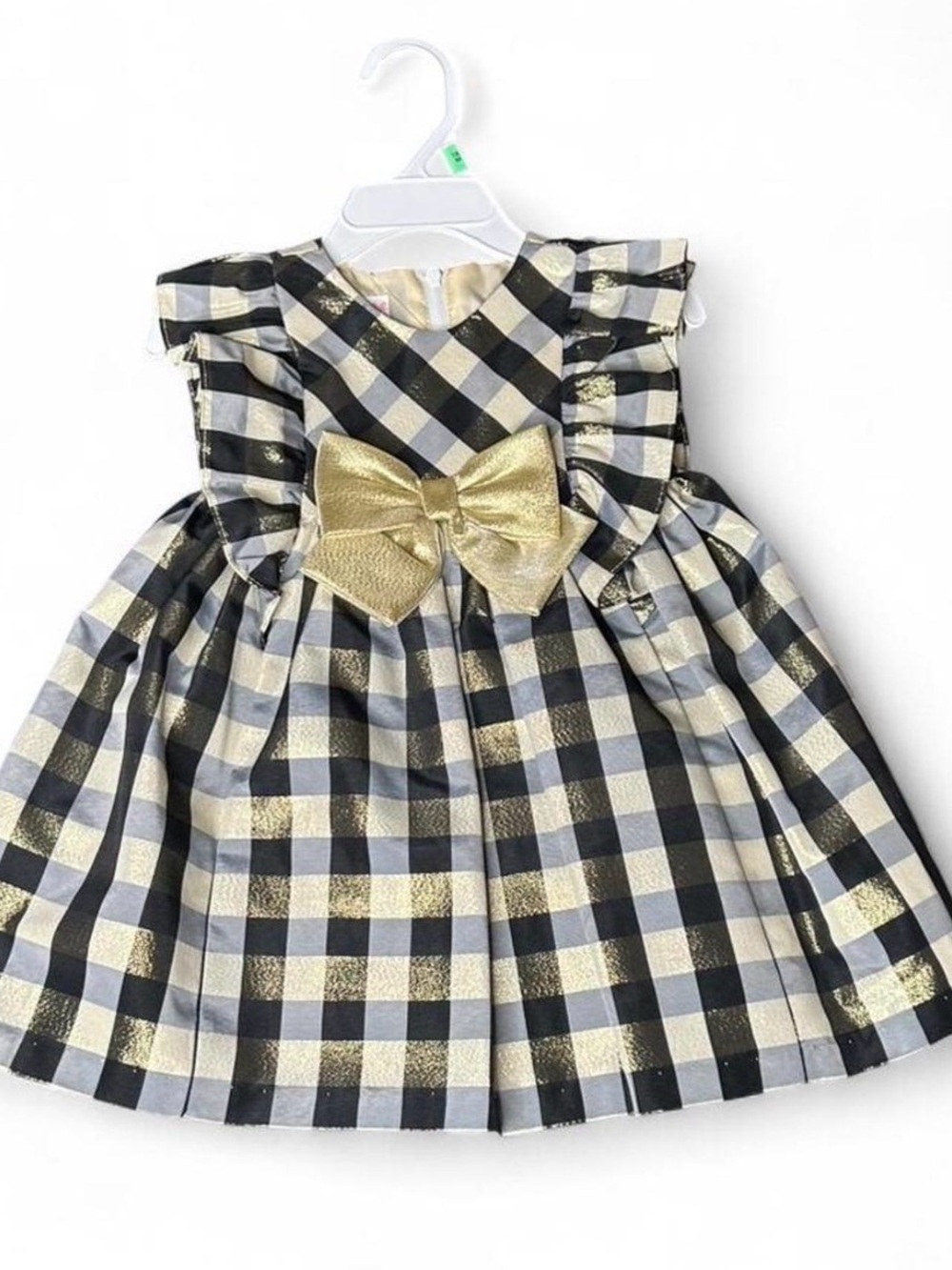 Black & Gold Plaid Party Dress with Gold Bow